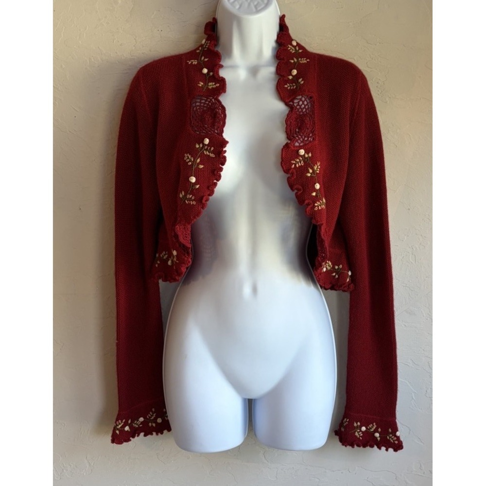 Red Alpaca Knit Cropped Bolero Cardigan Sweater Shrug S Embroidered Cottagecore